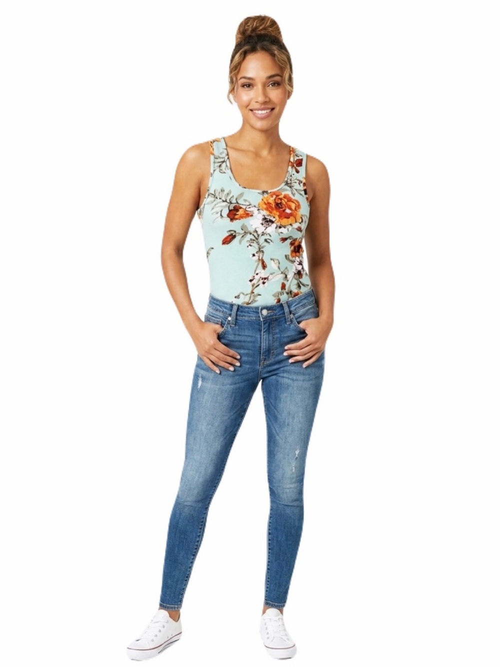 New Woman’s Spring Summer Boho Mint Blue Floral Print Racerback Casual Tank Top